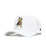 The UCF Golf Hat - White by No Rivals features embroidered gold and black armored knight graphics on the front, ventilation holes, a black NR logo tag on the left, and an adjustable snapback closure for comfort.