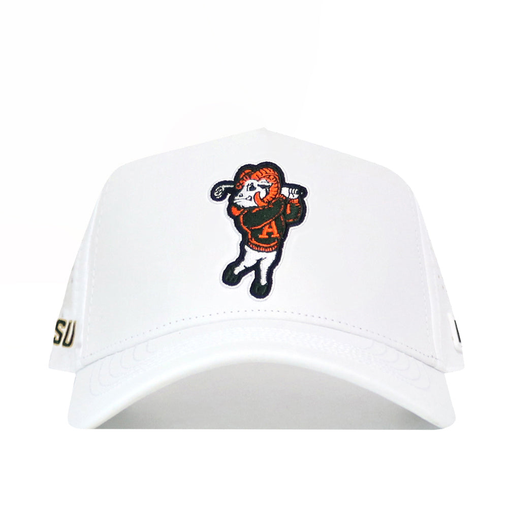 The No Rivals CSU Golf Hat - White is a premium structured hat with an embroidered cartoon ram mascot in an orange A sweater on the front and a snap back closure.