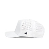 The No Rivals CSU Golf Hat - White is a premium structured cap with side ventilation holes, a small rectangular NR patch by the brim, and an adjustable snap back for a custom fit. Seen here in a side profile view.