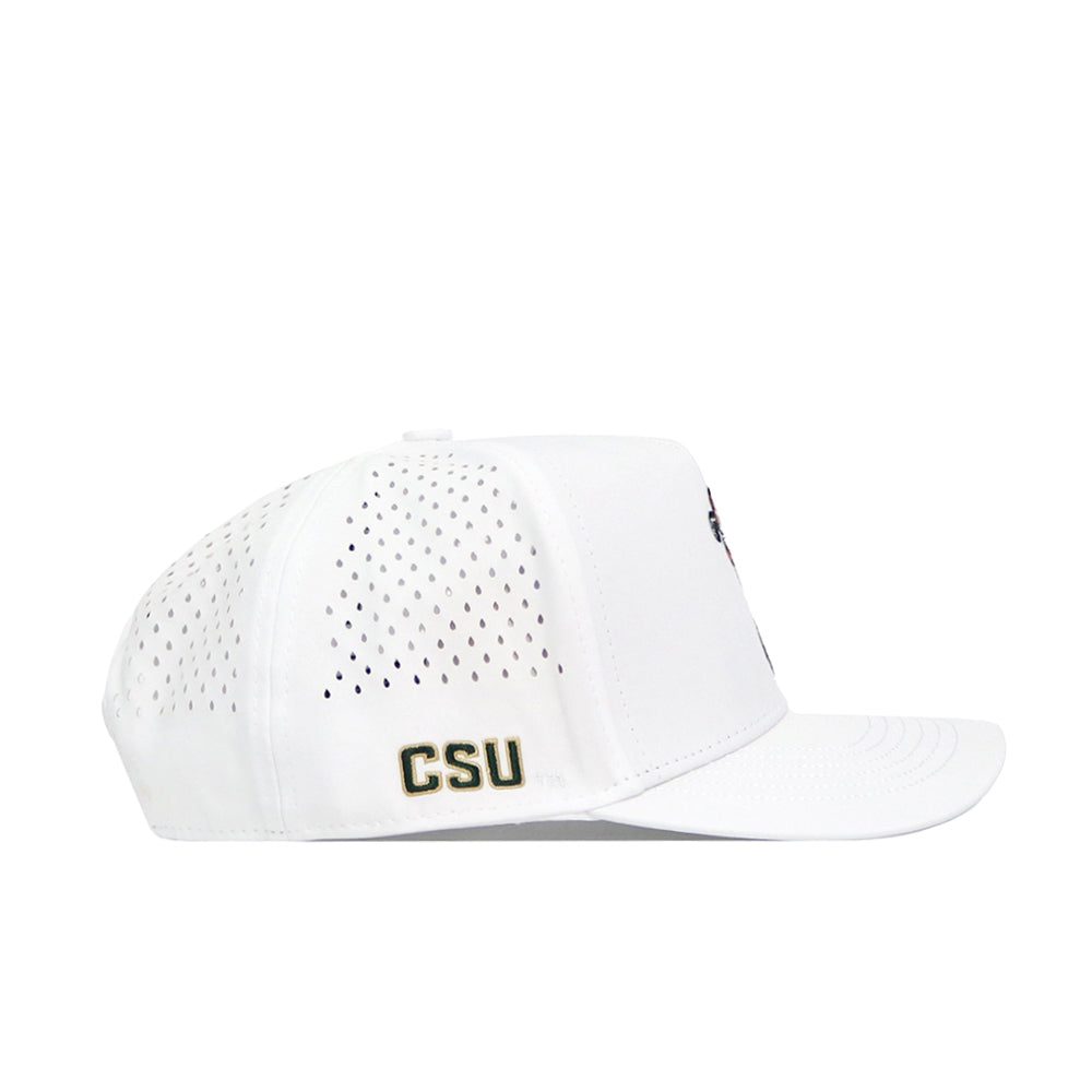 The No Rivals CSU Golf Hat - White is a premium snapback cap with perforated side panels for ventilation and green and gold "CSU" embroidery near the back—a stylish choice for any fan.