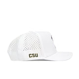 The No Rivals CSU Golf Hat - White is a premium snapback cap with perforated side panels for ventilation and green and gold "CSU" embroidery near the back—a stylish choice for any fan.