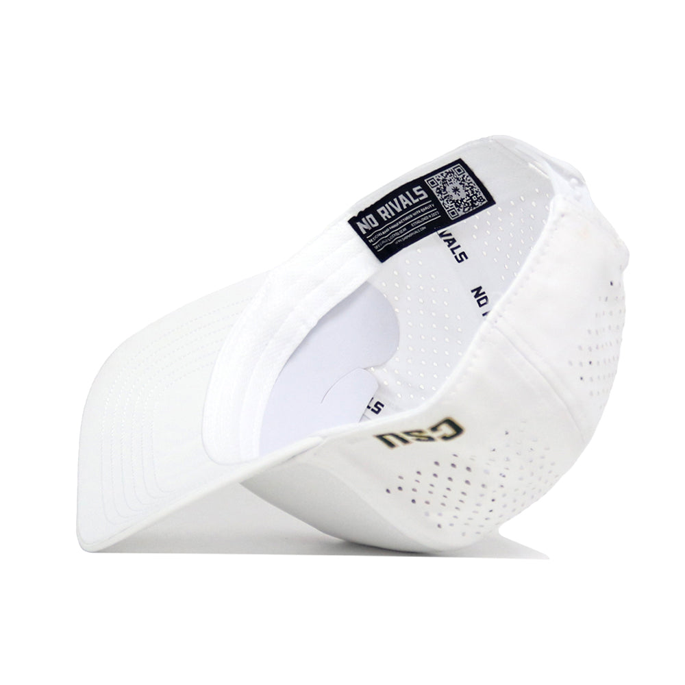 The CSU Golf Hat - White by No Rivals is a white structured snapback, shown on its side to reveal the inner band with repeating “NO RIVALS” text and a label featuring a QR code.
