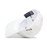 The CSU Golf Hat - White by No Rivals is a white structured snapback, shown on its side to reveal the inner band with repeating “NO RIVALS” text and a label featuring a QR code.