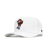 The CSU Golf Hat - White by No Rivals is a premium structured hat with an embroidered cartoon golfer in an orange "A" sweater, side ventilation holes, and a curved brim.