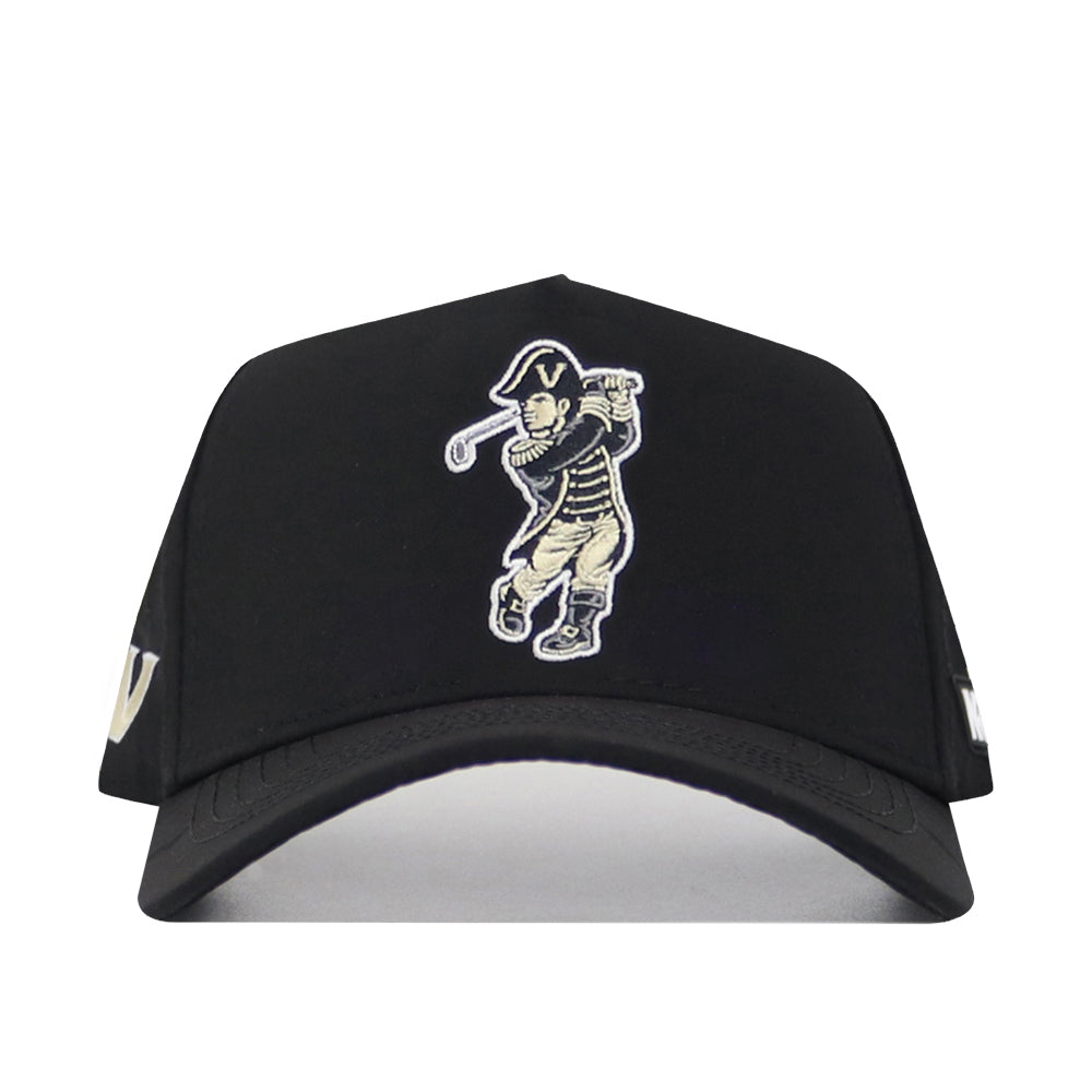 The No Rivals Vanderbilt Golf Hat - Black features a snapback design with embroidered graphics of a cartoon pirate swinging a club, sporting a V on its hat. White text accents the sides for extra style.