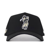 The No Rivals Vanderbilt Golf Hat - Black features a snapback design with embroidered graphics of a cartoon pirate swinging a club, sporting a V on its hat. White text accents the sides for extra style.