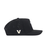 The No Rivals Vanderbilt Golf Hat in black features side ventilation holes, a white V logo near the back, and embroidered graphics. Shown from the left side, this snapback cap combines style and comfort on the course.