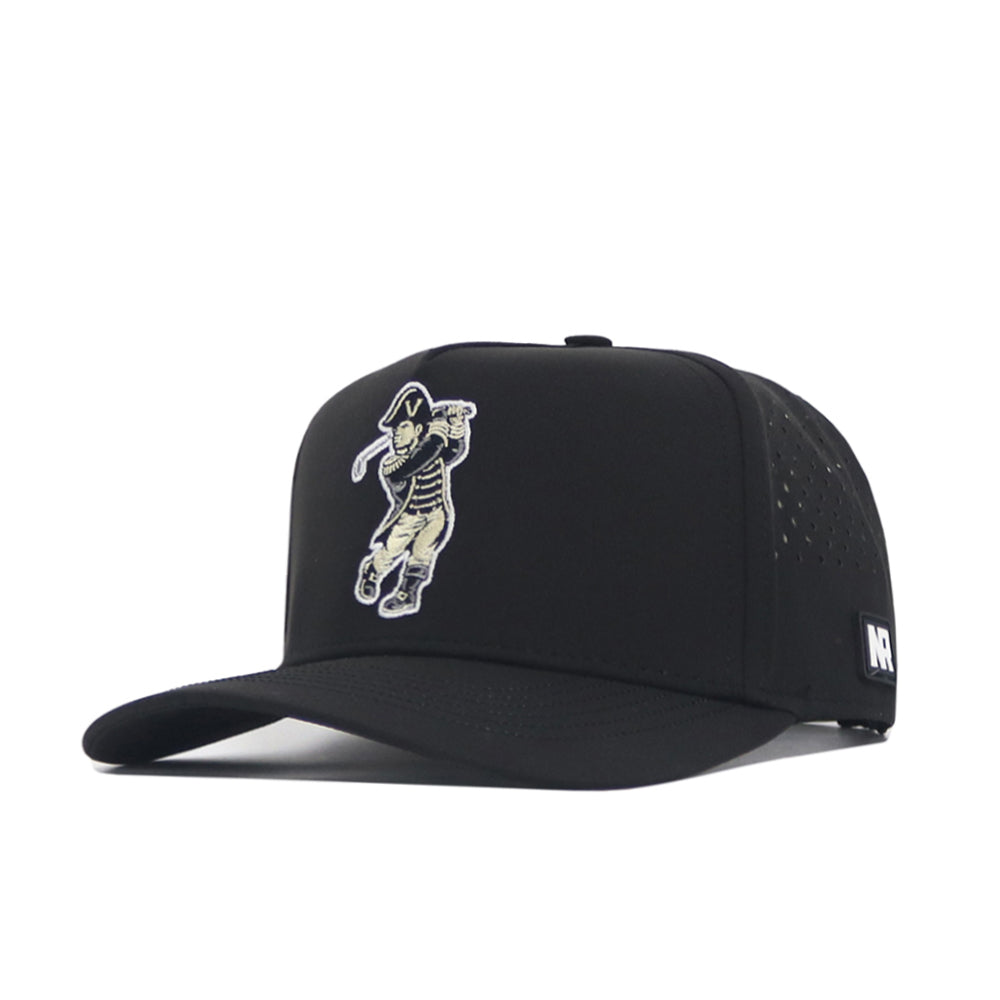 The Vanderbilt Golf Hat - Black by No Rivals features embroidered cartoon Napoleon golf graphics on the front, a small NR logo tag on the side, and an adjustable snapback for a custom fit.
