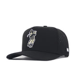 The Vanderbilt Golf Hat - Black by No Rivals features embroidered cartoon Napoleon golf graphics on the front, a small NR logo tag on the side, and an adjustable snapback for a custom fit.
