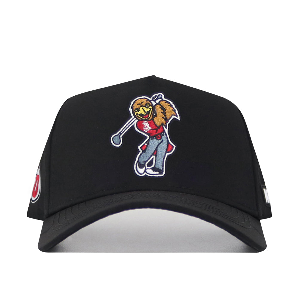 The No Rivals Utah Golf Hat - Black features embroidered cartoon squirrel graphics swinging a golf club on the front, plus small embroidered side patches and a snapback closure.