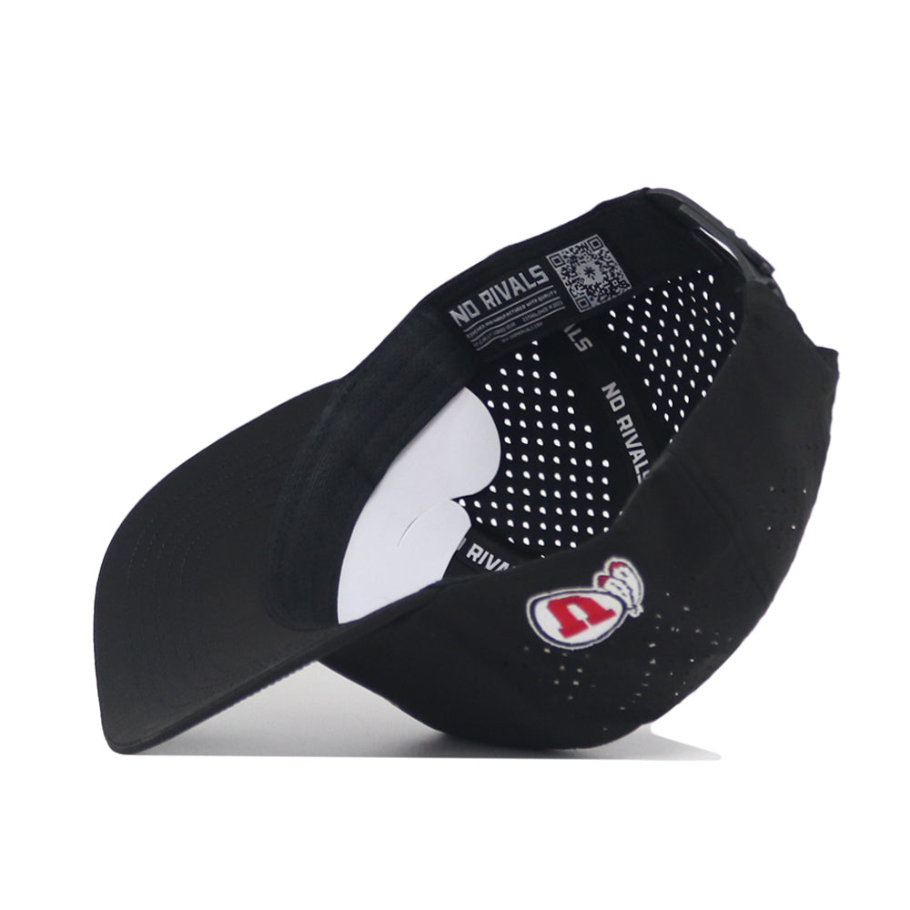 The Utah Golf Hat - Black by No Rivals is shown inside out, with a white perforated lining, "NO RIVALS" on the sweatband, an embroidered red and white side patch, and an adjustable snapback strap.