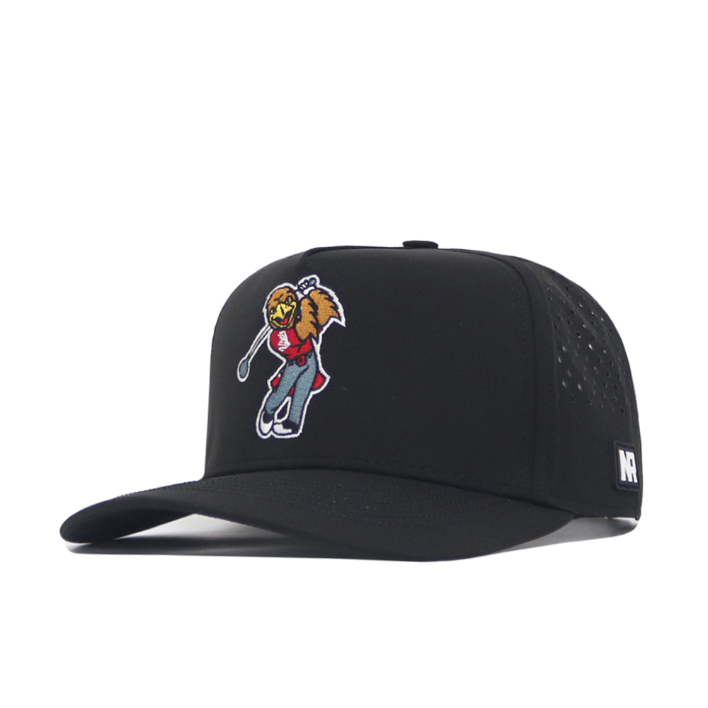 The Utah Golf Hat - Black by No Rivals is a black snapback with a curved brim, featuring an embroidered cartoon squirrel holding a golf club on the front and a small NR logo on the side.