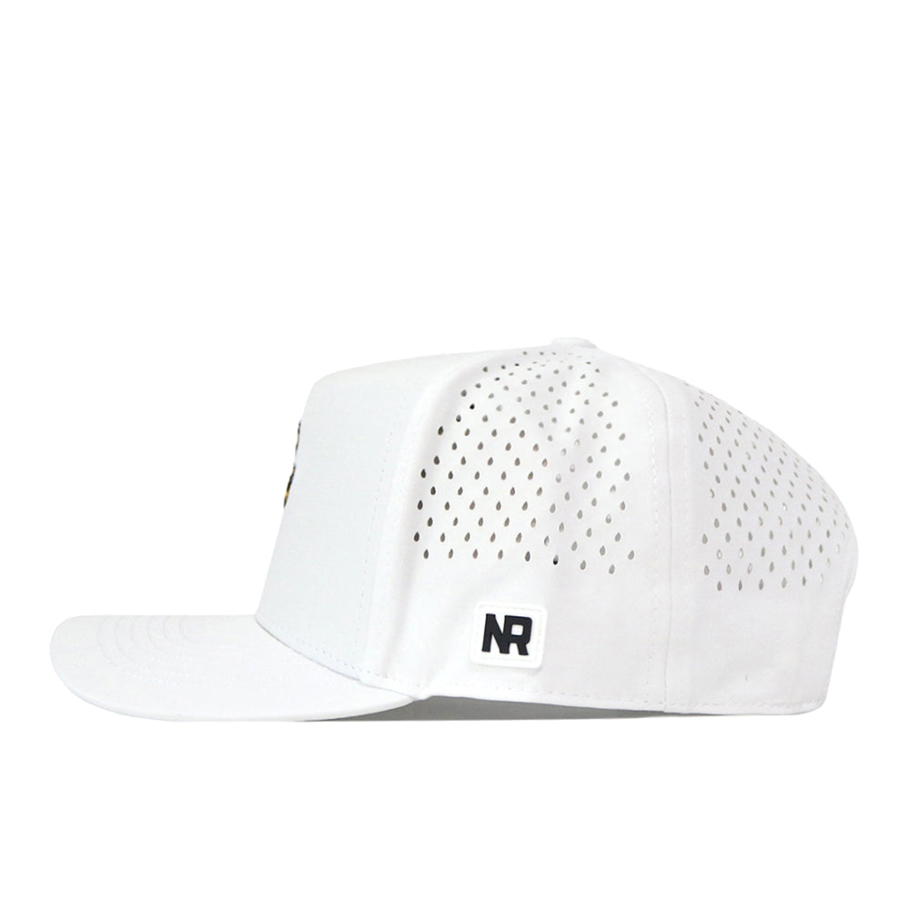 Introducing the Missouri Tigers Football Mascot Hat - White by No Rivals: This white snapback hat is crafted from performance fabric for all-day comfort, featuring ventilation holes on the side and back panels and a solid front panel. A small black and white NR logo patch accents the side near the brim, while a convenient snap back adjustment ensures a customizable fit.