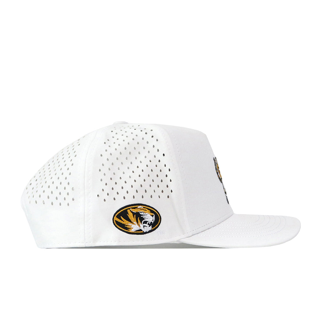 No Rivals Missouri Tigers Football Mascot Hat - White: A white perforated performance fabric hat with a flat brim, featuring an embroidered circular snarling black and yellow tiger logo on the side and a convenient snapback closure for a perfect fit.