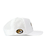 No Rivals Missouri Tigers Football Mascot Hat - White: A white perforated performance fabric hat with a flat brim, featuring an embroidered circular snarling black and yellow tiger logo on the side and a convenient snapback closure for a perfect fit.
