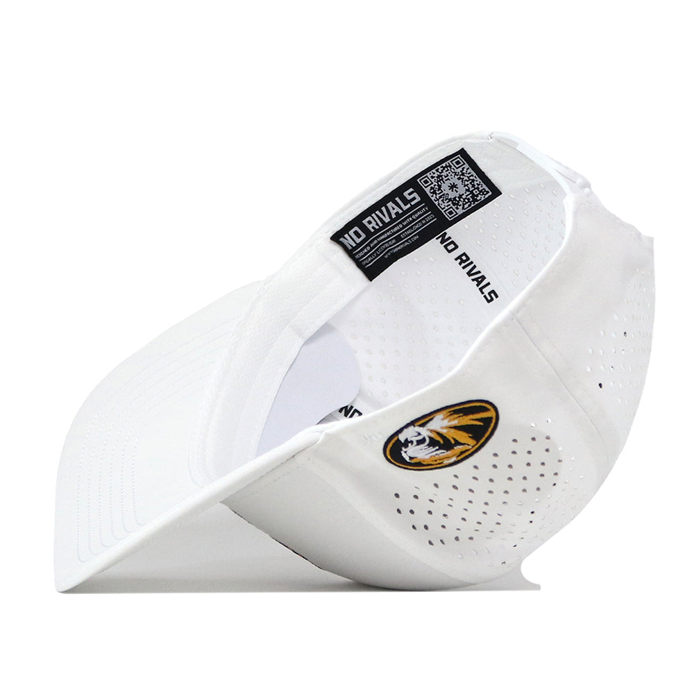 Introducing the Missouri Tigers Football Mascot Hat - White by No Rivals, a white performance fabric cap featuring a stylish perforated design. The side is adorned with the embroidered Missouri Tigers logo, while the inner band showcases bold NO RIVALS text. This hat is finished with an adjustable snap back closure for a customized fit.