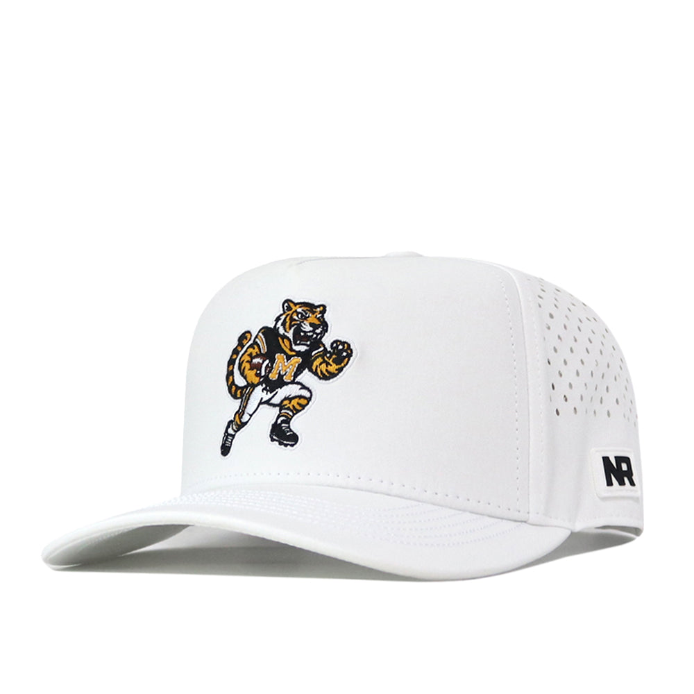 The Missouri Tigers Football Mascot Hat - White by No Rivals is a white baseball cap featuring an embroidered tiger mascot on the front, crafted from performance fabric with perforated side panels, an embroidered logo, snap back closure, and NR branding on the brim.