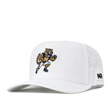 The Missouri Tigers Football Mascot Hat - White by No Rivals is a white baseball cap featuring an embroidered tiger mascot on the front, crafted from performance fabric with perforated side panels, an embroidered logo, snap back closure, and NR branding on the brim.