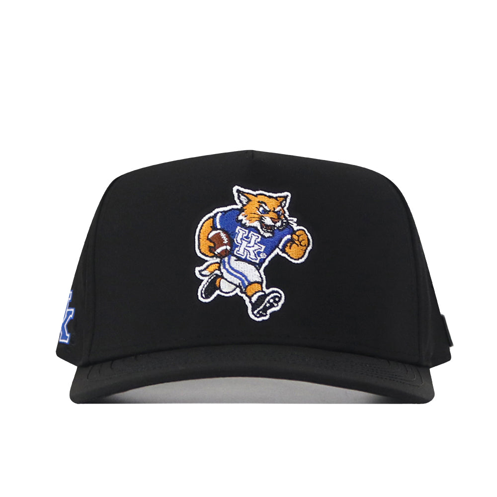 Introducing the Kentucky Wildcats Football Mascot Hat - Black by No Rivals, featuring performance fabric for added comfort and an embroidered wildcat mascot wearing a blue UK shirt on the front.