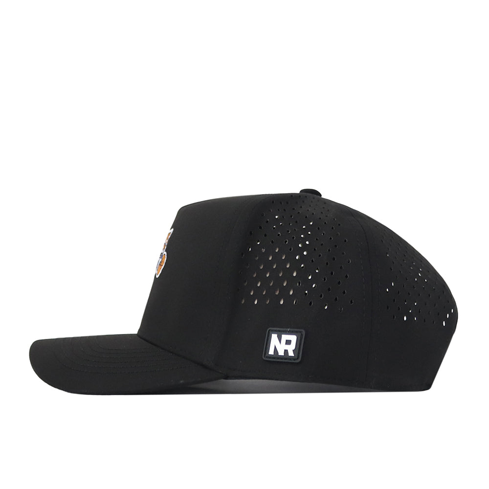 Black Kentucky Wildcats Football Mascot Hat by No Rivals shown from the side, featuring small ventilation holes and an embroidered NR logo patch. Crafted from performance fabric, this solid black cap offers a flat brim, snap back closure, and a distinctive mascot design.