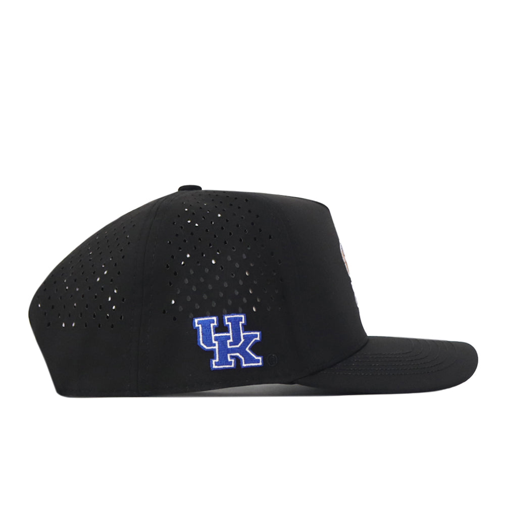 Introducing the Kentucky Wildcats Football Mascot Hat in black by No Rivals, crafted from performance fabric with small ventilation holes for added breathability. The side features an embroidered blue UK logo outlined in white, while the adjustable snapback closure ensures a comfortable fit.