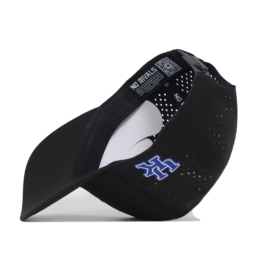 A Kentucky Wildcats Football Mascot Hat - Black by No Rivals is shown flipped upside down, crafted from performance fabric, featuring a blue embroidered mascot logo on the side and ventilation holes. The inside band displays “NO RIVALS” along with a visible QR code on the inner brim.