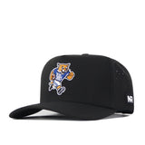 Here’s a revised version of your sentence using the provided product data: The No Rivals Kentucky Wildcats Football Mascot Hat in black features a cartoon wildcat mascot wearing a blue UK shirt embroidered on the front. Made from performance fabric with side ventilation holes for breathability, it includes an NR patch and an adjustable snapback closure for a comfortable fit.