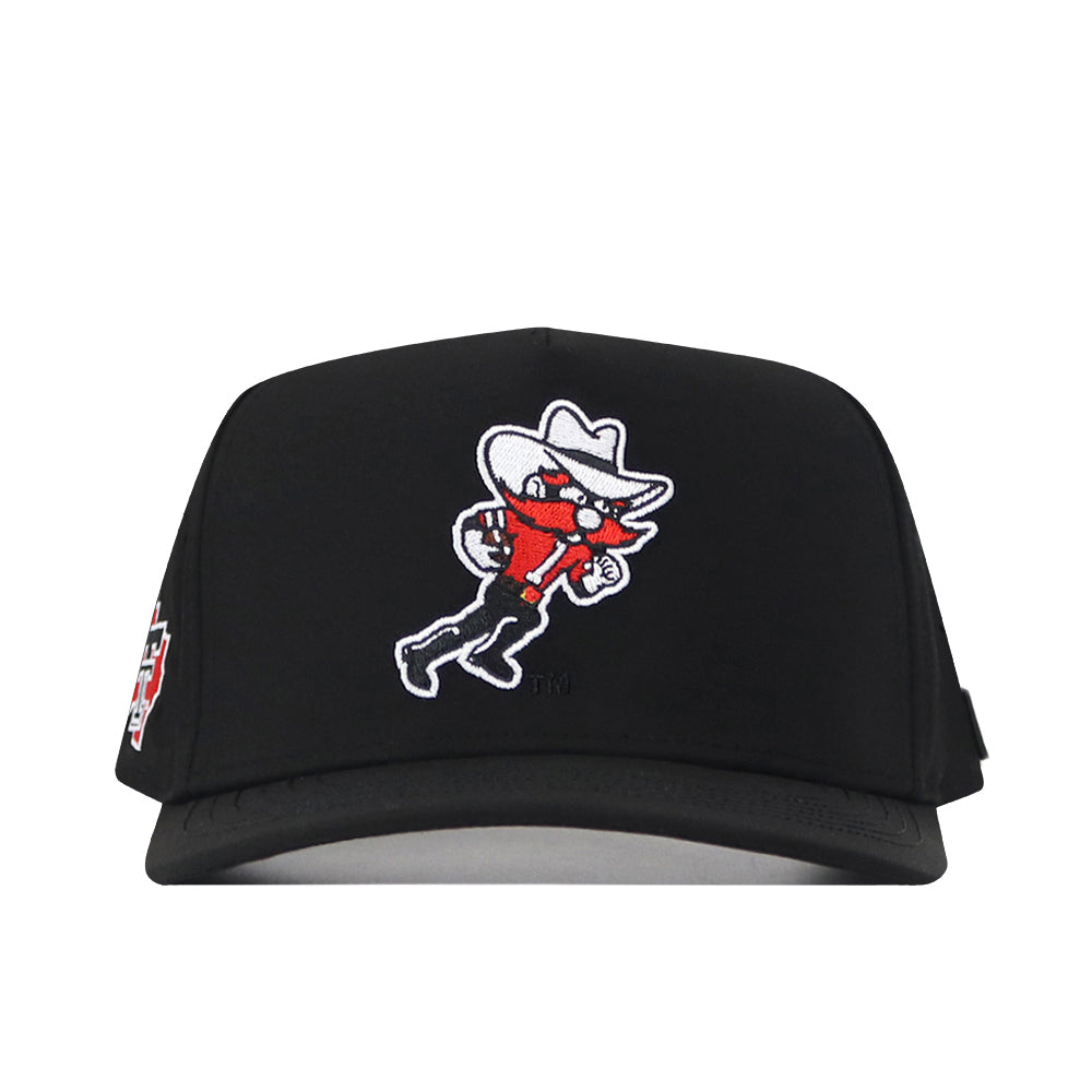 The No Rivals Texas Tech Red Raiders Football Mascot Hat - Black showcases an embroidered cartoon cowboy wearing a white hat, red shirt, and black pants on the front. Made from performance fabric, it features a convenient snap back closure for an adjustable fit.