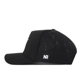 The Texas Tech Red Raiders Football Mascot Hat in black by No Rivals is crafted from performance fabric, featuring small perforated holes on the side and back panels for enhanced breathability. The front boasts a solid panel with a small square No Rivals logo patch on the lower side, and the adjustable snap back ensures a customizable fit.