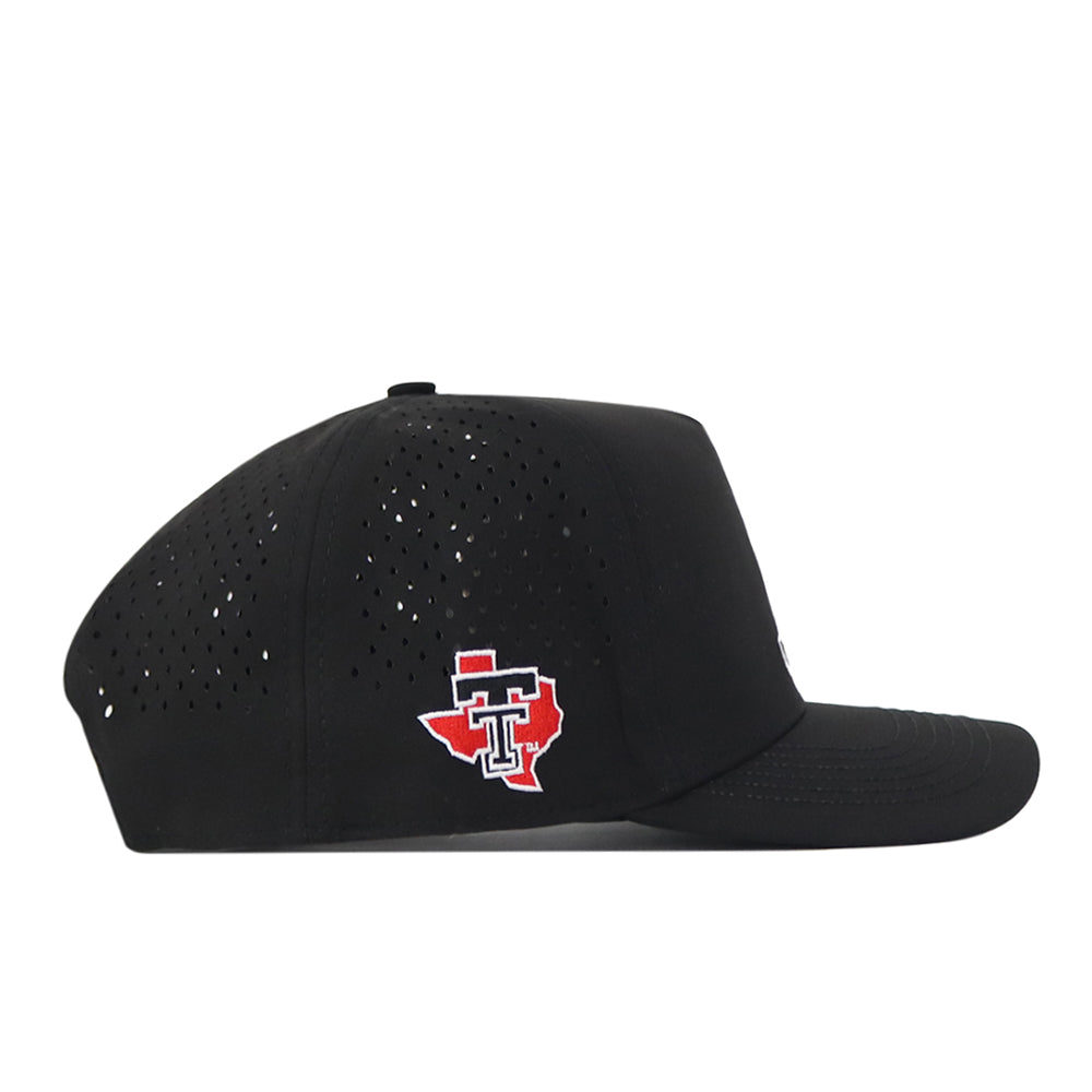 The Texas Tech Red Raiders Football Mascot Hat - Black by No Rivals is made from performance fabric and features an adjustable snap back for a comfortable fit. This officially licensed cap showcases small ventilation holes and a red Texas-shaped patch with a white-outlined TT logo on the side, blending style and school spirit.