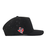 The Texas Tech Red Raiders Football Mascot Hat - Black by No Rivals is made from performance fabric and features an adjustable snap back for a comfortable fit. This officially licensed cap showcases small ventilation holes and a red Texas-shaped patch with a white-outlined TT logo on the side, blending style and school spirit.