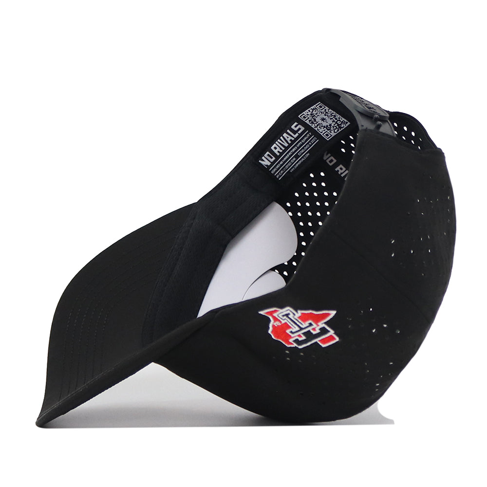 No Rivals’ Texas Tech Red Raiders Football Mascot Hat in black features a red and white embroidered logo on the side, ventilation holes, and an adjustable snapback strap. Crafted from performance fabric, the cap is displayed to showcase its interior and back design.