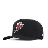 Introducing the Texas Tech Red Raiders Football Mascot Hat in black by No Rivals, featuring a cartoon cowboy mascot in red with a white hat and boots on the front, an NR logo on the side, and crafted from performance fabric for all-day comfort. This officially licensed snapback ensures both authenticity and style.