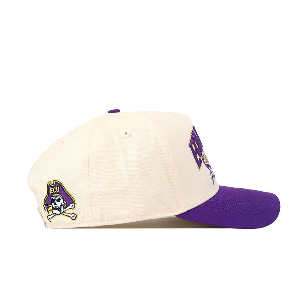 Show your Pirate pride with the No Rivals ECU Pirates Stadium Hat. This cream and purple baseball cap features a bold ECU pirate logo with the letters "ECU" above a skull on the front, as well as an additional skull graphic on the side. Made from high quality cotton, it offers a structured fit, flat brim, and Snap Back Adjustment for customizable comfort.
