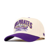 The No Rivals ECU Pirates Stadium Hat is a white and purple baseball cap featuring "ECU PIRATES Greenville, NC" and a stadium graphic embroidered on the front. Made from high-quality cotton for a structured fit, this hat includes a purple brim and an adjustable snap back closure for comfortable wear.