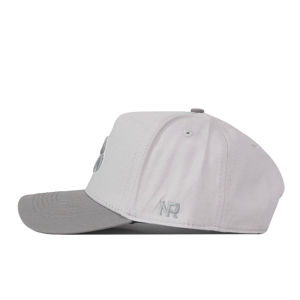 A side-profile view of the Iowa Hawkeyes Graphite Hat by No Rivals, featuring a light gray design with a slightly darker gray brim, visible stitching, an embroidered “NR” logo near the brim, and a snap back closure for adjustable comfort.