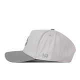 A side-profile view of the Iowa Hawkeyes Graphite Hat by No Rivals, featuring a light gray design with a slightly darker gray brim, visible stitching, an embroidered “NR” logo near the brim, and a snap back closure for adjustable comfort.