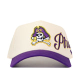 Elevate your ultimate gameday fit with the No Rivals ECU Pirates Halftime Hat—a white snapback featuring a bold purple brim, the iconic ECU Pirates skull and crossbones logo embroidered on the front, and "Pirates" stitched on the side in vibrant purple and gold.