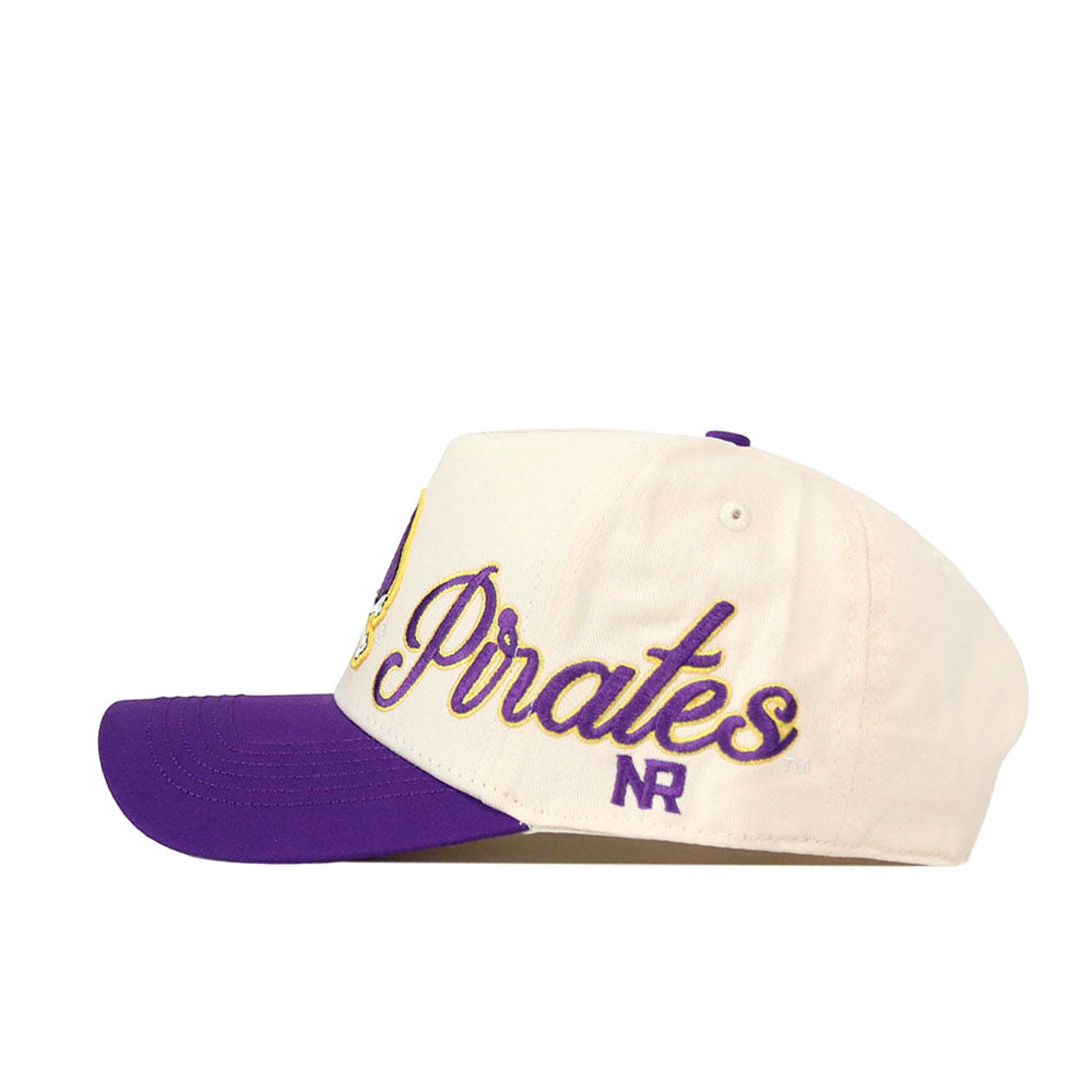 Show your team spirit with the ECU Pirates Halftime Hat by No Rivals—a cream-colored snapback baseball cap featuring a striking purple brim, detailed embroidered logos, and "Pirates" stitched in bold purple and gold script on the side above the signature NR initials. The perfect finishing touch for your gameday outfit!.