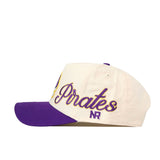 Show your team spirit with the ECU Pirates Halftime Hat by No Rivals—a cream-colored snapback baseball cap featuring a striking purple brim, detailed embroidered logos, and "Pirates" stitched in bold purple and gold script on the side above the signature NR initials. The perfect finishing touch for your gameday outfit!.