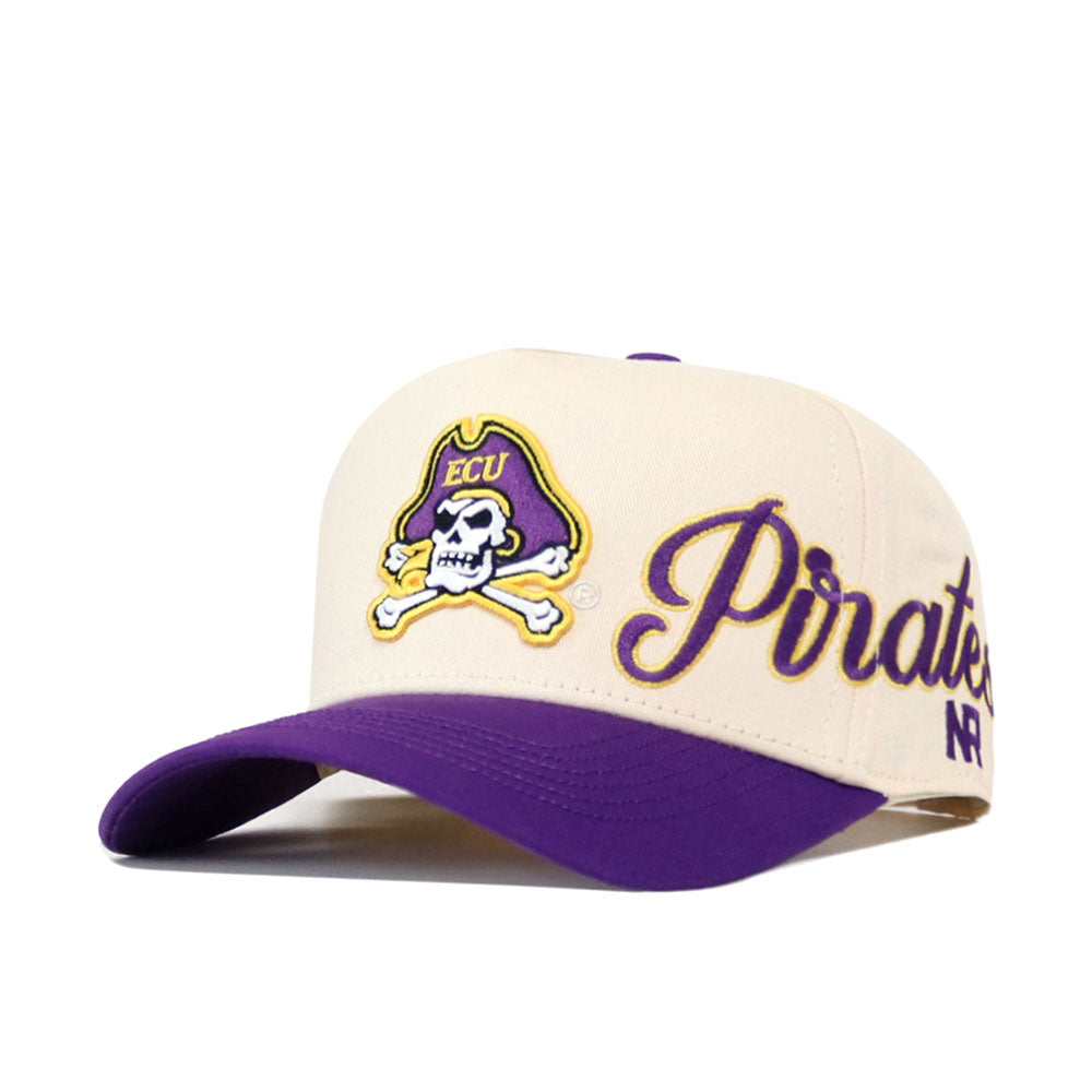 Introducing the No Rivals ECU Pirates Halftime Hat—a beige and purple snapback showcasing a bold pirate logo with "ECU" embroidered on the front and "Pirates" in cursive on the side, perfect for finishing off your gameday look.
