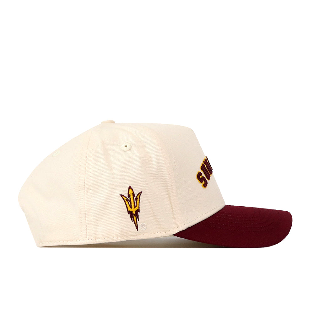 The Right Side Up Sun Devils Hat - Arizona State - Classic by No Rivals features a cream base with a maroon brim, an embroidered yellow and maroon pitchfork logo on the side, and partial maroon text on the front. With its classic snap back design, this cap is the perfect finishing touch for your Gameday fit.