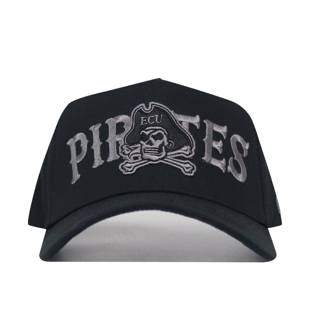Introducing the No Rivals ECU Pirates Night Mode Hat—a black snapback cap with "Pirates" embroidered in gray and a striking skull-and-crossbones design sporting an ECU-labeled pirate hat on the front. This structured-fit hat is crafted from high-quality cotton to ensure lasting comfort and style.