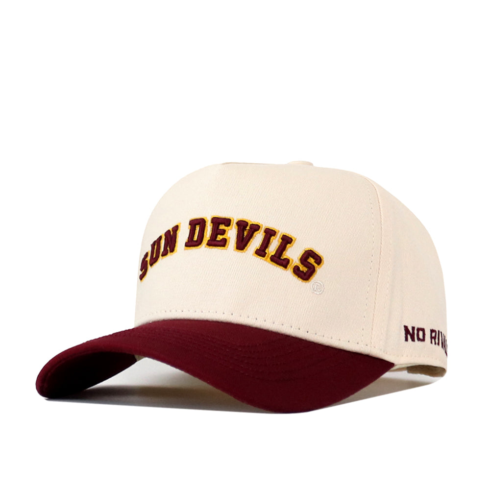 Introducing the Right Side Up Sun Devils Hat - Arizona State - Classic by No Rivals. This cream snapback cap features “SUN DEVILS” embroidered in maroon and gold on the front with a maroon bill and displays “NO RIVALS” in maroon on the side. Officially licensed, this hat delivers a bold, team-proud look for Sun Devils fans.