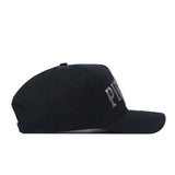A side-view of the No Rivals ECU Pirates Night Mode Hat—a black snapback cap crafted from high-quality cotton—shows its structured fit and partially visible embroidered white or gray text on the front panel, perfectly balancing durability with classic style.