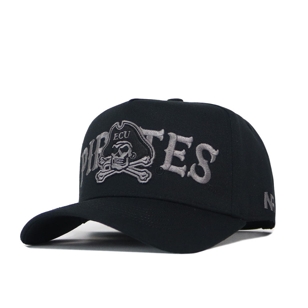 Introducing the No Rivals ECU Pirates Night Mode Hat, a black baseball cap showcasing "PIRATES" in sleek gray lettering and a bold skull and crossbones logo with ECU detailing. Crafted from high-quality cotton for durability, this structured snapback offers both comfort and standout style.