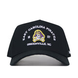 Introducing the No Rivals ECU Pirates Outlaw Hat in black, featuring an officially licensed East Carolina Pirates embroidered logo along with "Greenville, NC" and "1907" on the front.