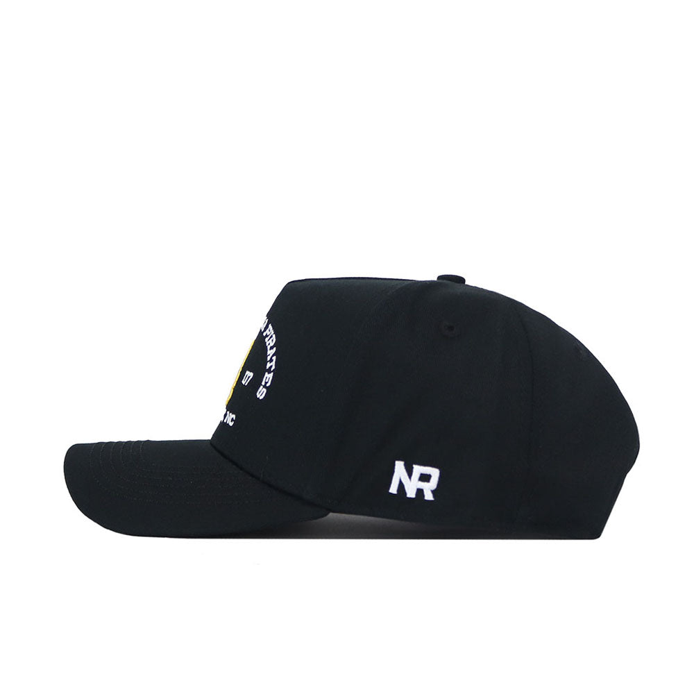 A side view of the No Rivals ECU Pirates Outlaw Hat in black shows off white embroidered "NR" letters on the side and partial white lettering with a small yellow accent on the front. This officially licensed snapback baseball cap is finished with an embroidered logo for added style.
