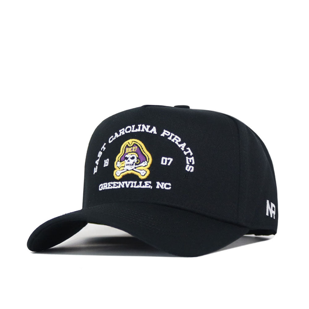 The No Rivals ECU Pirates Outlaw Hat - Black features an officially licensed East Carolina Pirates text and embroidered pirate mascot logo on the front, along with "1907" and "Greenville, NC." This stylish black cap offers a snap back closure for an adjustable fit.