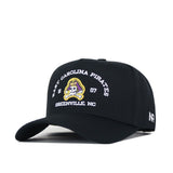 The No Rivals ECU Pirates Outlaw Hat - Black features an officially licensed East Carolina Pirates text and embroidered pirate mascot logo on the front, along with "1907" and "Greenville, NC." This stylish black cap offers a snap back closure for an adjustable fit.